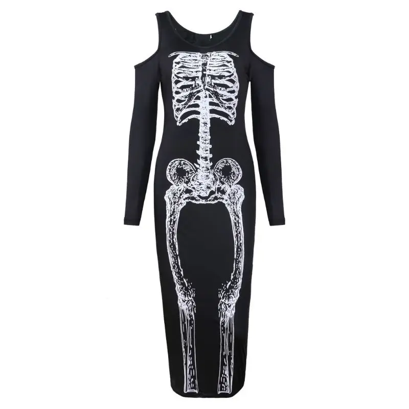 

Womens Halloween Long Sleeve Bodycon Maxi Dress Sexy Cutout Cold Shoulder Ghost Skeleton Printed Cosplay Costume Party Wear P8DB