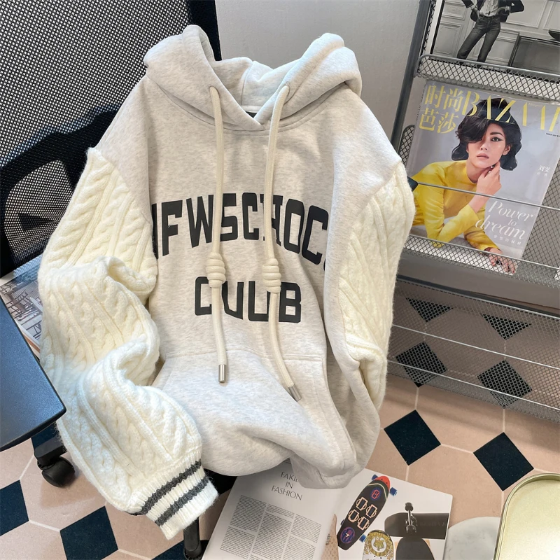 

Women's Fall Winter Hooded Hoodies American Retro Letter Printing Knitting Patchwork Pullovers Fashion Drawstring Sweatshirts