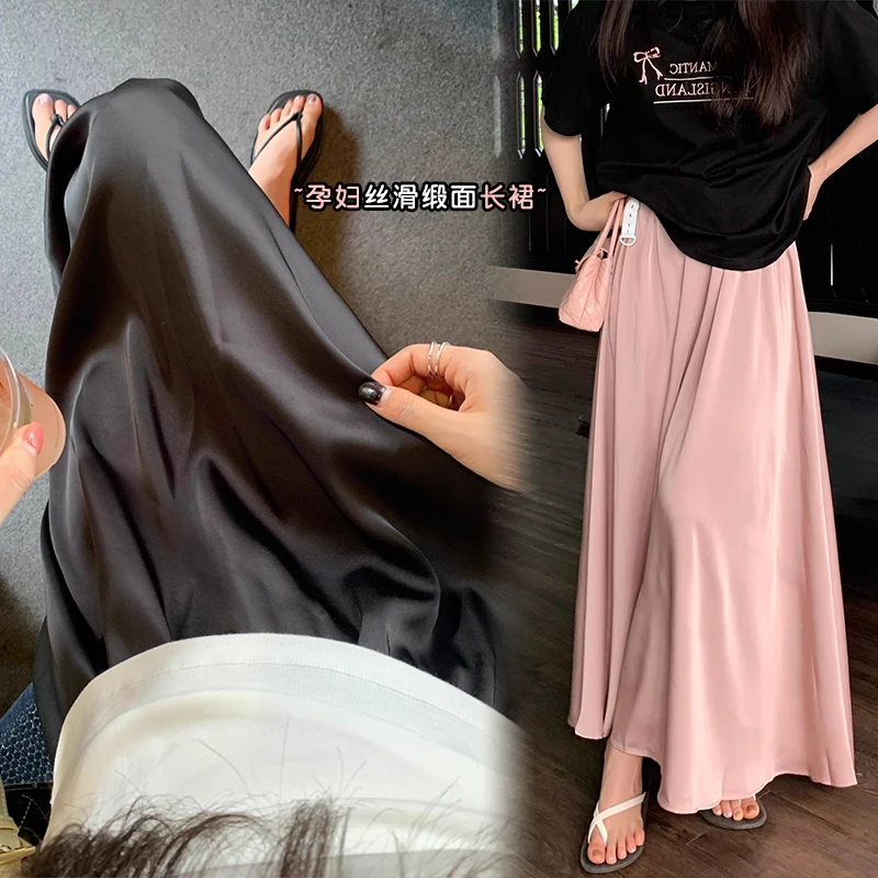 Summer Long Loose Maternity Umbrella Skirt Soft and Comfortable Elegant Pregnant Woman Satin Skirts Pregnancy Clothes