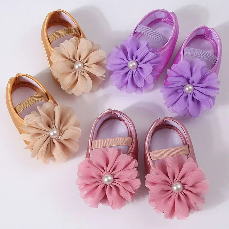 Newborn Girls Baby Shoes Party Pearl Flower Lace Baby Girl Headband Set Non Slip Cute Preschoolers Toddler Infant First Walkers 3