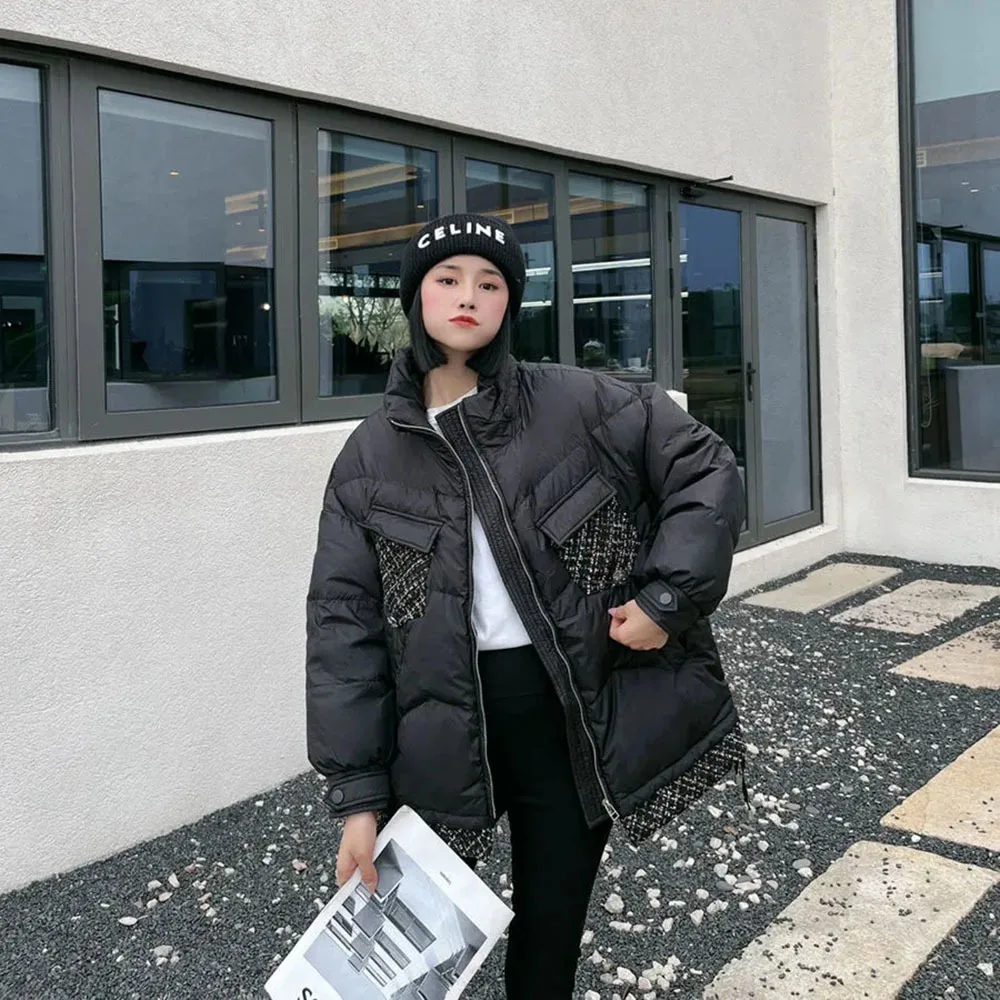 

2022 Winter Weave Tweed Patchwork Women Jacket Black Fashion Down Parka Coats Casual Loose Stand Collar Korean Ladies Outerwear