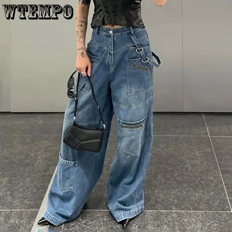 

Pocket Solid Color Overalls Jeans Women's Y2K Street Retro Loose Wide-Leg Overalls Couple Casual Joker Mopping Jeans Pants Women