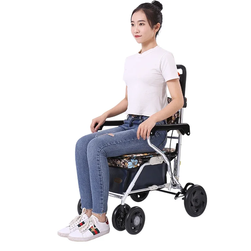 Elderly Shopping Cart, Aluminum Alloy Lightweight Walking Aid Walker for Adult, Large Storage Space Folding Chair Helps To Walk 4
