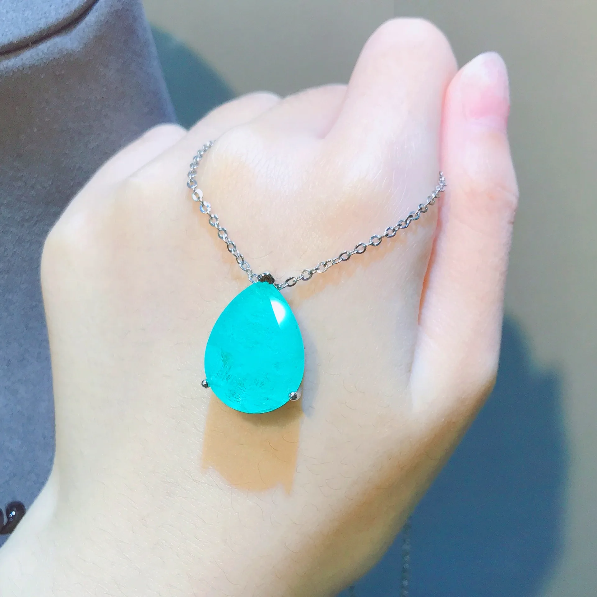 Silver Jewelry Set Silver Water-drop Shape Paraiba Tourmaline Gemstone Earrings Necklace Set For Women Temperament Ladies Trendy Vintage Jewelry