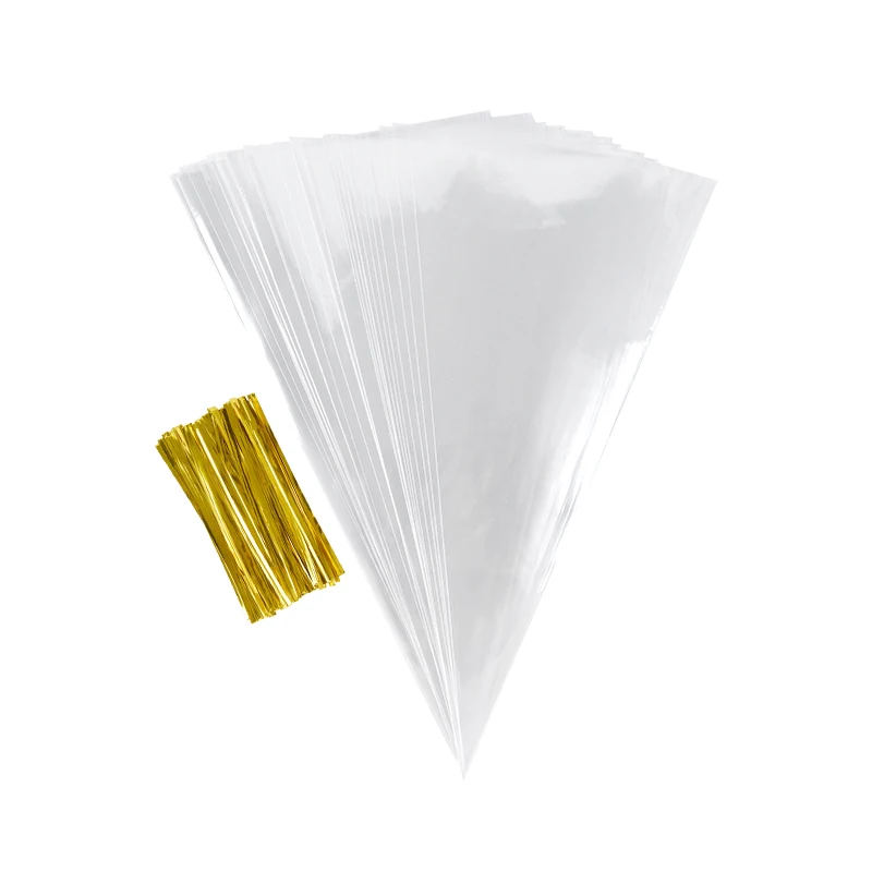 50pcs Clear Cone Candy Storage Bags - Transparent Plastic Popcorn and Candy Bags