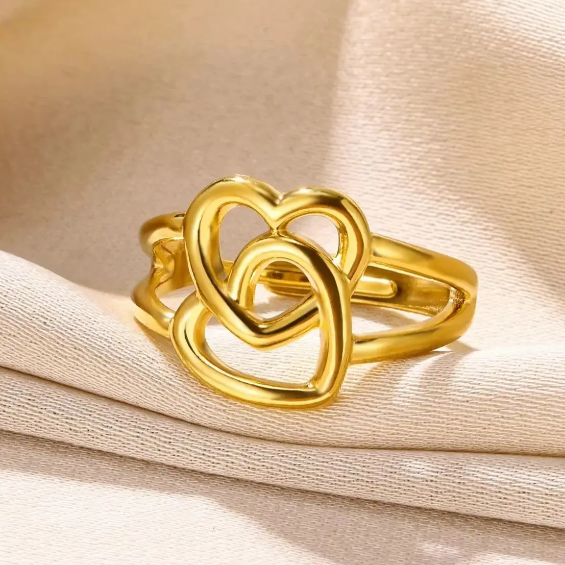 Hollow Double Heart Open Rings For Women Gold Plated Wedding Engagement Ring