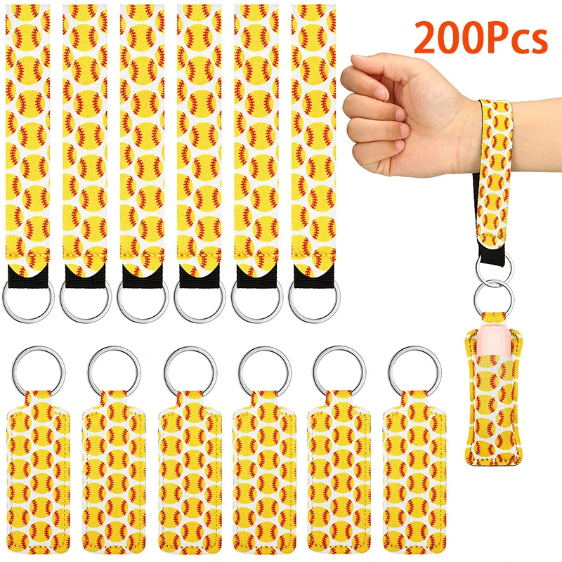 

200Pcs Softball Lipstick Holder Keychains Baseball Neoprene Wristband Keychain Yellow Lipstick Holder Keychain Lipstick Bag