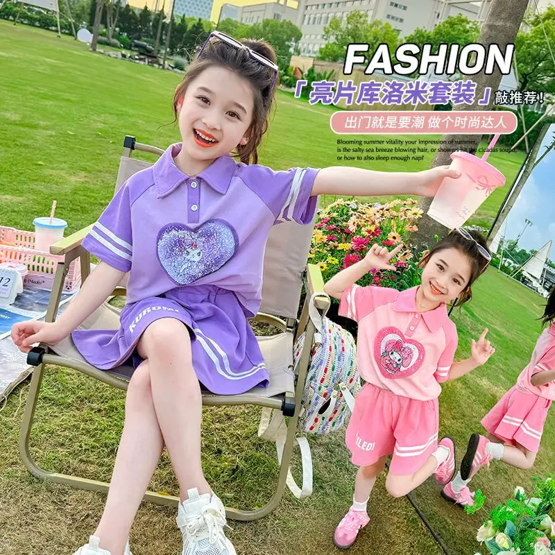 

2024 Girl Sequin Kuromi 2Pcs Sanrioed Kawaii Anime Short-Sleeved Summer Sweet Cute Cartoon Children Fashion Casual Pant Kid Gift