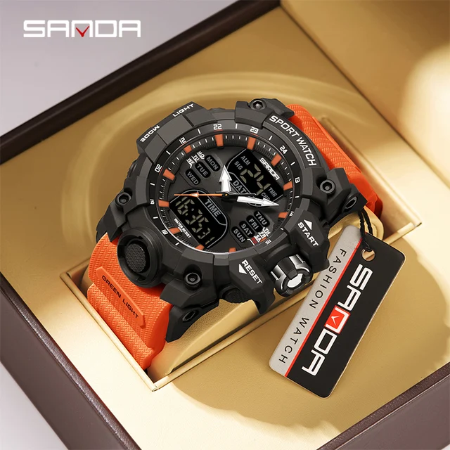 SANDA Luxury G Style Men's Electronic Watch Outdoor Sports LED Analog Digital Chronograph Military Dual Display 50M Waterproof 1