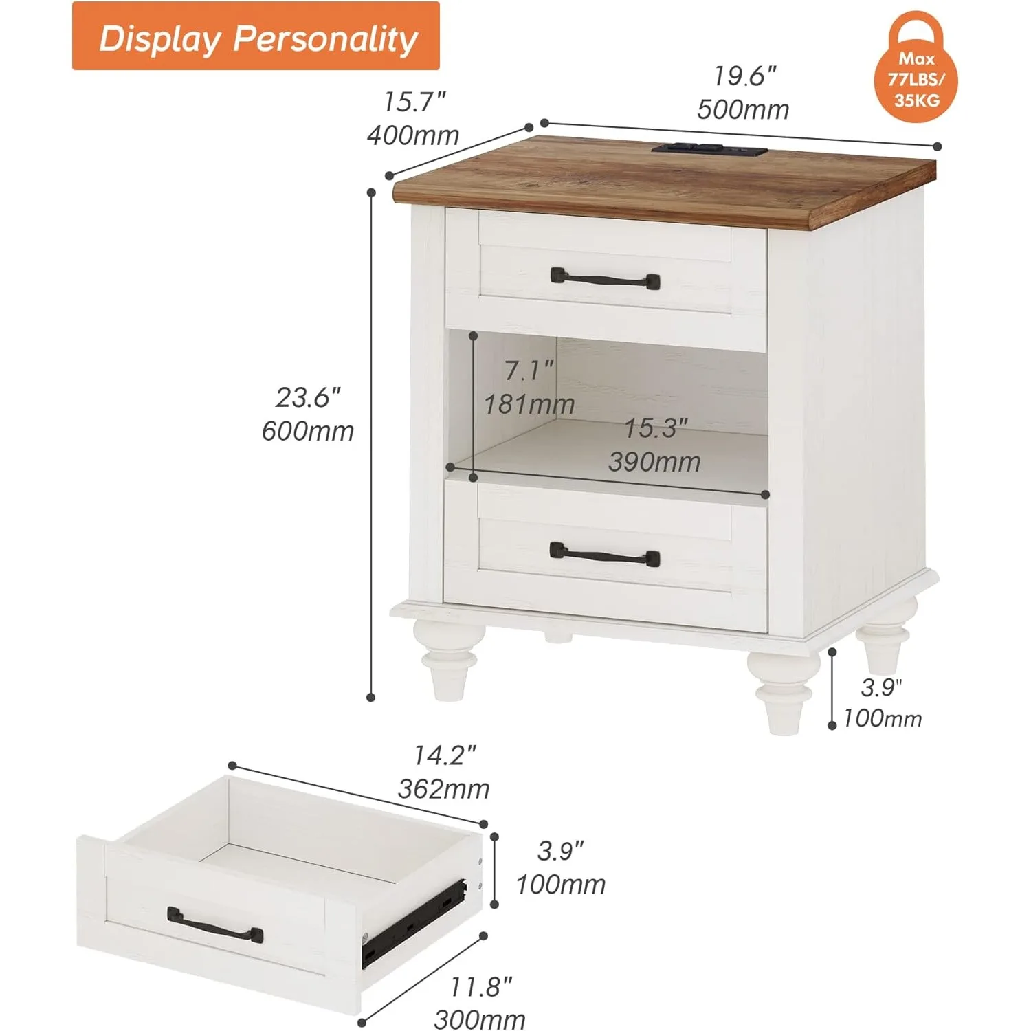White side table with 2 drawers and charging station, medieval bedroom nightstand with power outlet and USB port