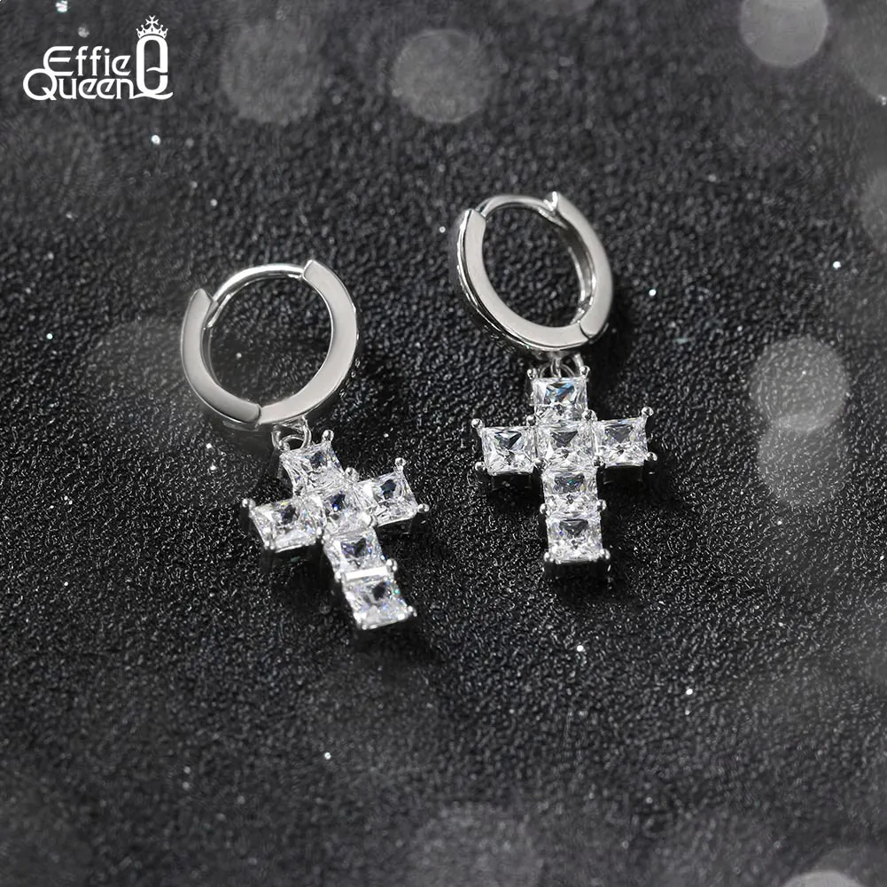 Effie Queen 925 Sterling Silver Cross Earrings With 8A Premium White Cubic Zirconia Religions Accessory For Ear Daily Wear LZE13