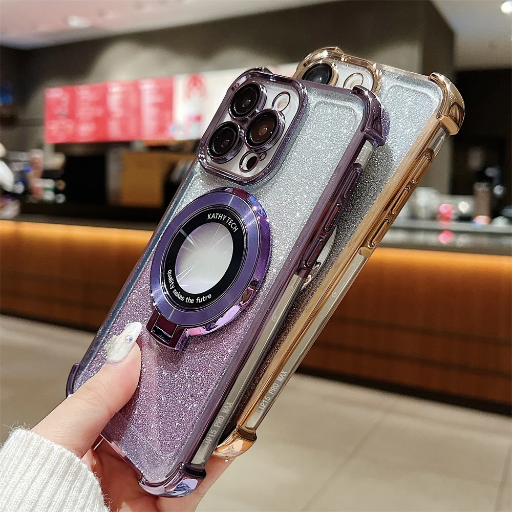 Farbverlauf Glitzer Magnetständer Klare Handyhülle für iPhone 15 14 Plus 13 12 11 Pro Max Bumper Objektivschutz Hard Cover_voghion.com
