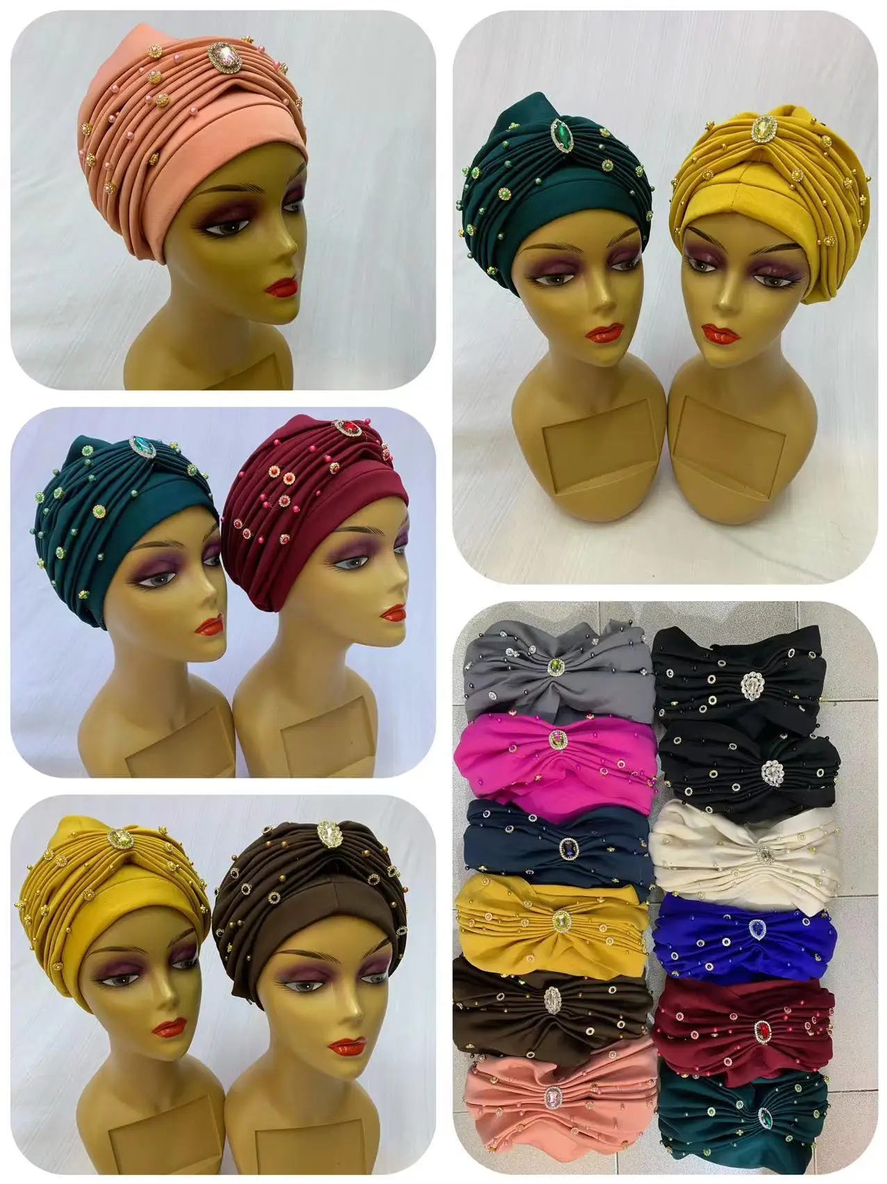 

African Headtie Bonnet Hat Auto Gele Turban for Women Muslim Head Wrap Scarf Shimmer Pleated Hijab Cap 12pieces XM1106-2
