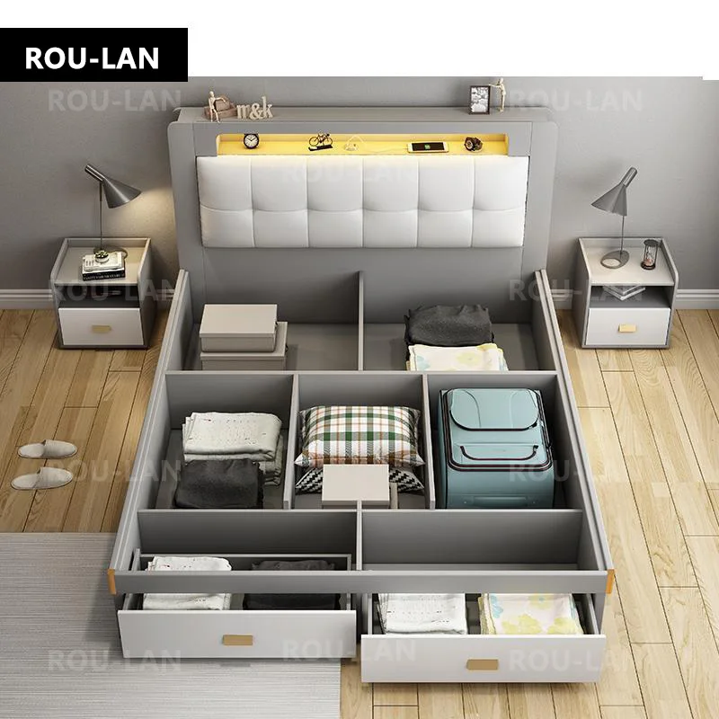 1.8m Multifunctional Bed Frame Modern Ultimate Bed with Storage LED Light King/queen size bed soft bed