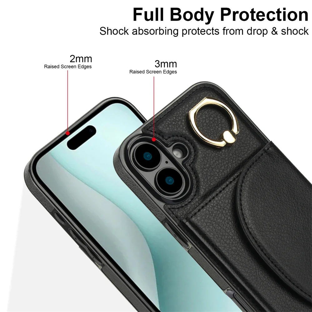 Plånboksfodral i läder för iPhone 16 Pro Max 14 15 13 fingerringhållare telefonfodral kortficka heltäckande skydd_voghion.com