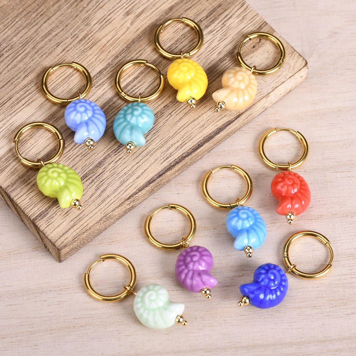Cute Candy Color Sea Snail Charms Dangle Hoop Earrings for Women Stainless Steel Huggie Marine Organism Summer Beach Ear Jewelry 2