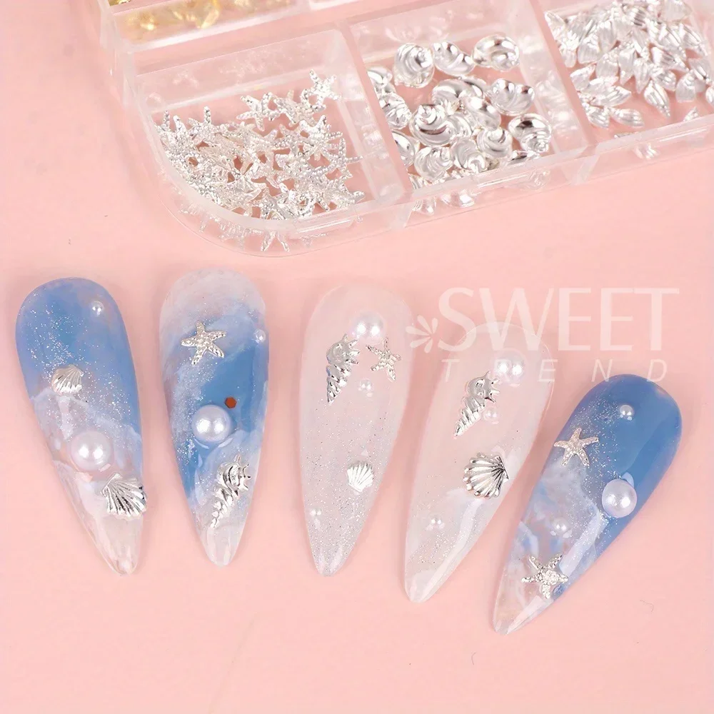 12 Grid Metal Rivet Summer Ocean Nail Jewelry Gold Silver Starfish Shell Conch shape DIY Nail Charm Parts Decoration Accessories