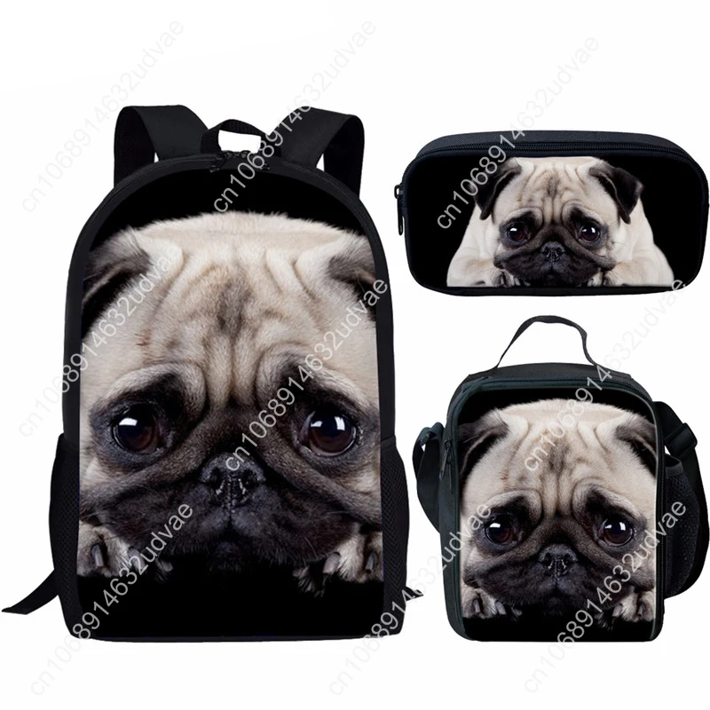 Girls School Backpack Puppy Pug Print 3 Piece Backpack Lunch Bag Pencil Case Kids School Bag Shoulder Bag Women's Mochilas