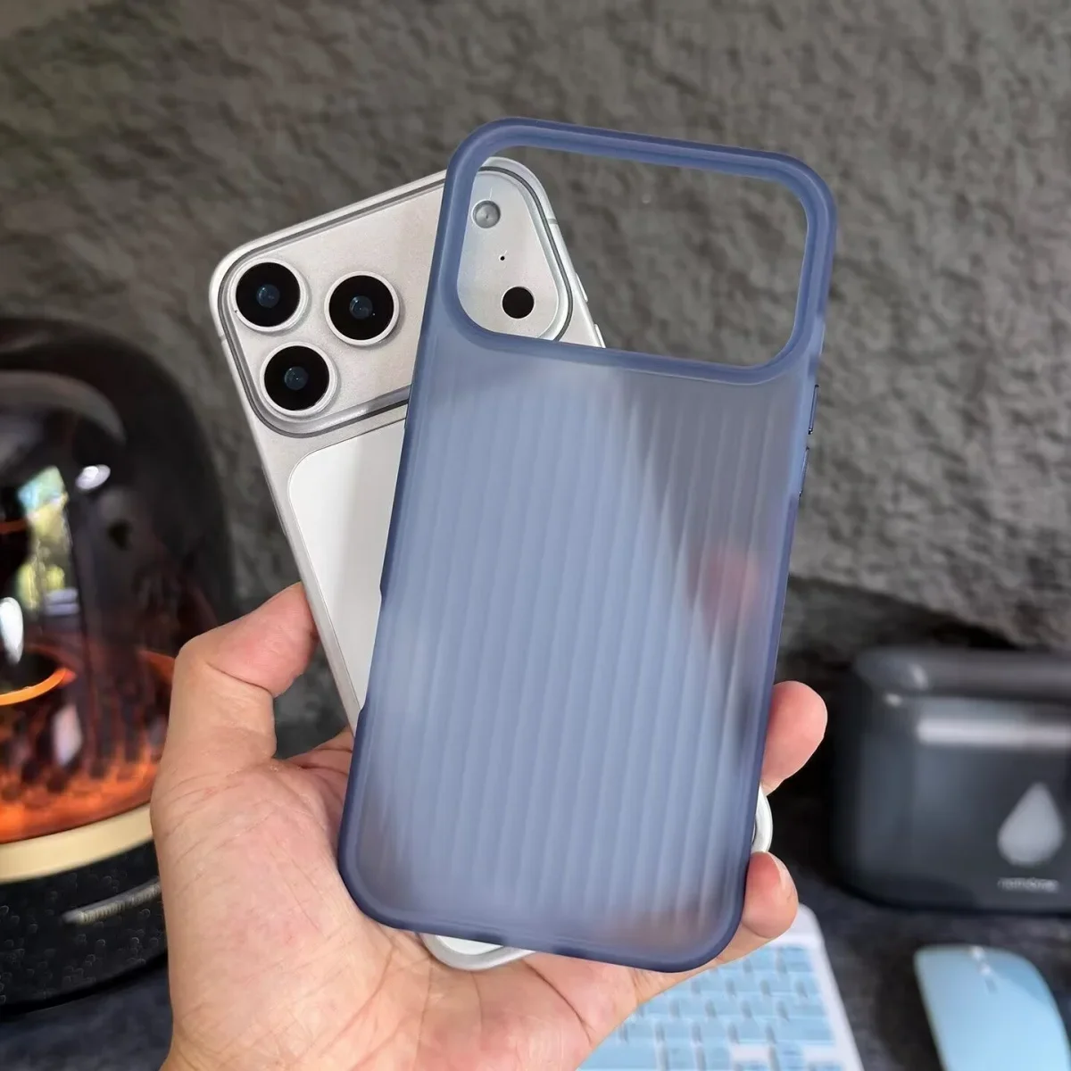 Translucent Frosted Shockproof Armor Phone Case with Stripe Corrugated Design