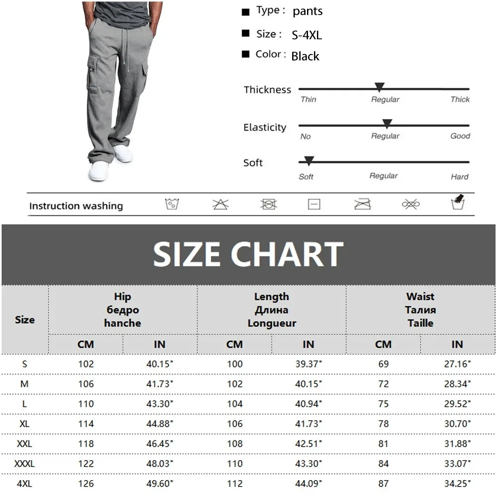 Men's Loose Drawstring Multi-Pocket Pants Loose Straight Leg Casual Outdoor Sports Jogging Solid Color Trend Street Pants 2