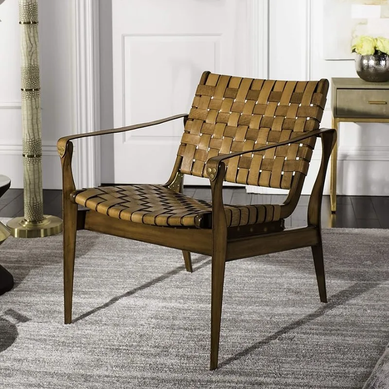 

Couture Home Dilan Brown Leather Weave and Light Brown Safari Accent Chair