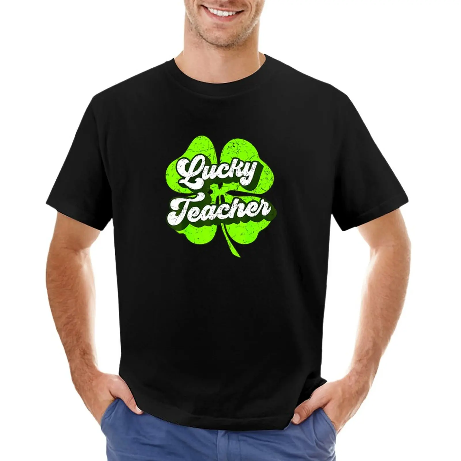 

Groovy Lucky Teacher Shamrock Clover Womens T-Shirt black t shirts mens t shirt