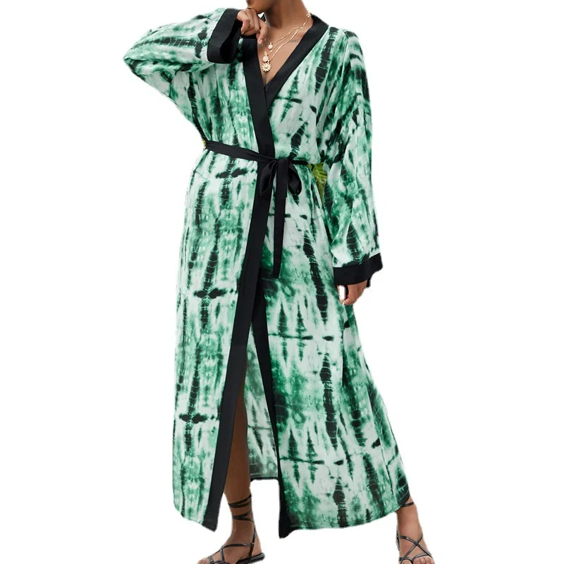 New Tie-dye Print Kaftan Bikini Cover-ups Casual V-neck Maxi Beach Dress Women Cardigan Summer Beach Wear Swim Suit Cover Up