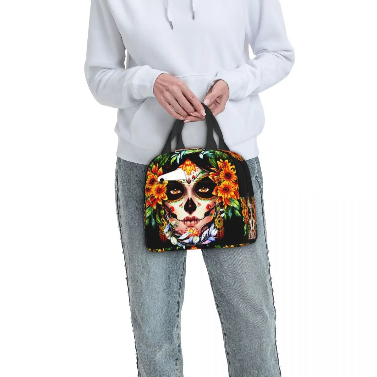 Halloween Catrina Sugar Skull Insulated Lunch Bag for Camping Day Of The Dead Mexican Lady Cooler Thermal Lunch Box Women Kids