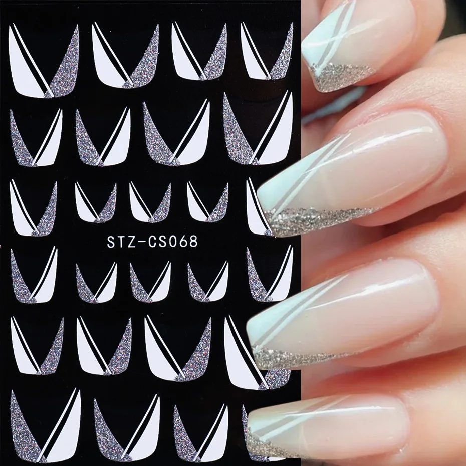 Nail Art Stickers Glitter Silver White French Design Self-adhesive Nail Art  Hot.