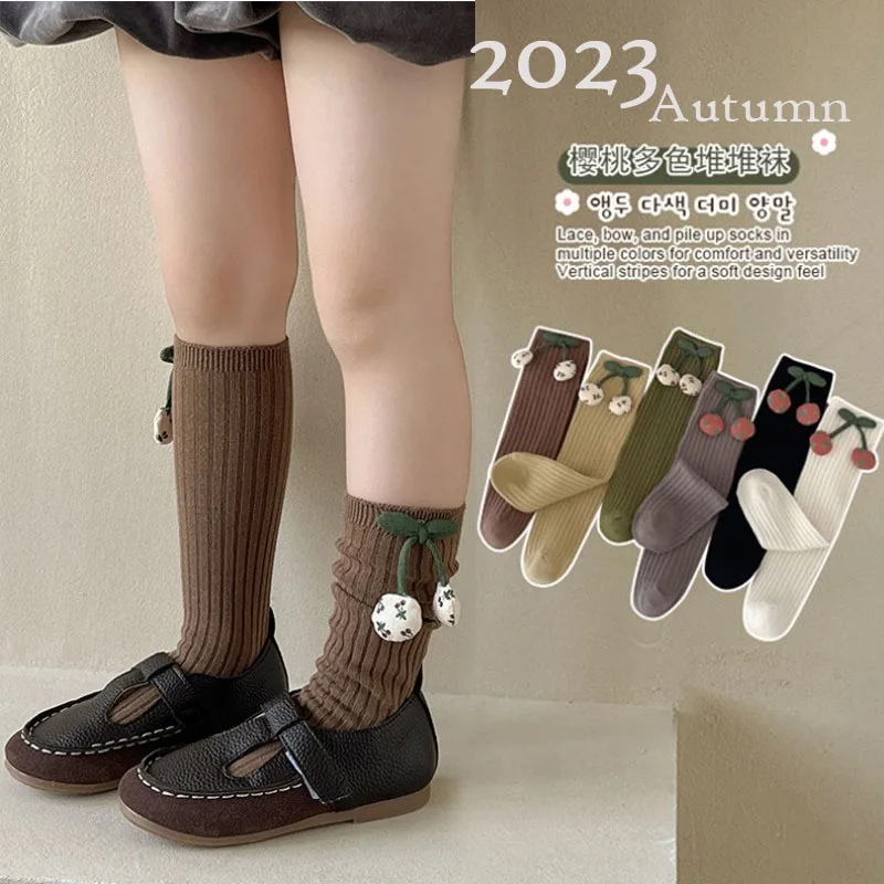 

Spring Autmn Long Socks Girls Princess Socks Sweet Cherry Decor Little Girl's Solid Calf Length Baby Long Socks
