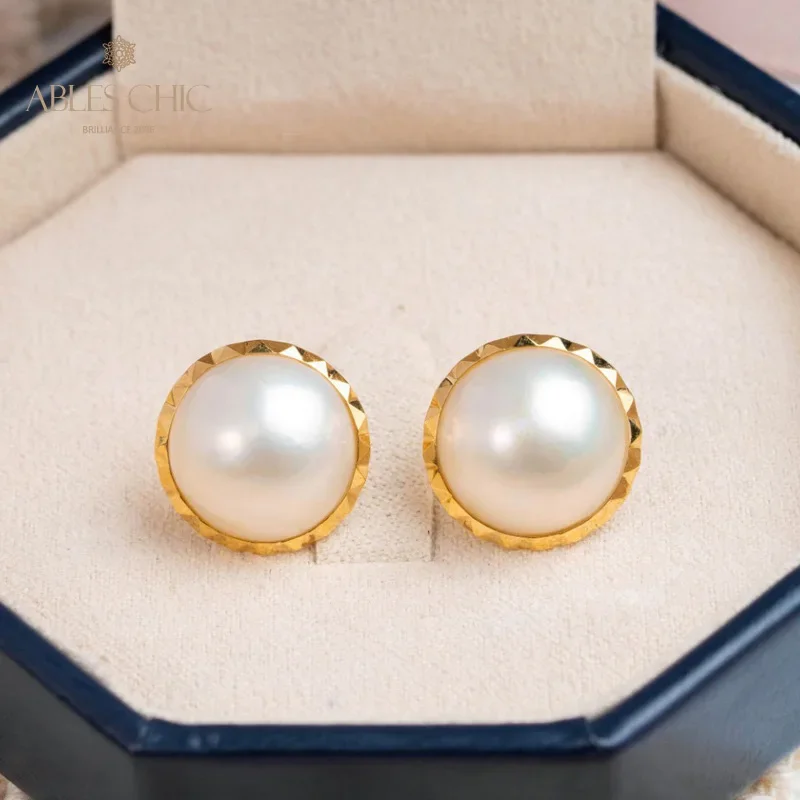 

18K Gold Tone Cultured Seawater Mabe Pearl Studs Solid 925 Silver Faceted Halo Wedding Earrings C11E4S26015