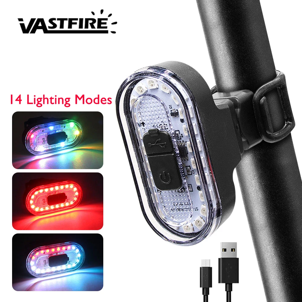 

VASTFIRE Colorful Bicycle Taillights Bright Bike RGB Rear Lights USB Rechargeable 14 Modes Waterproof Riding Warning Light