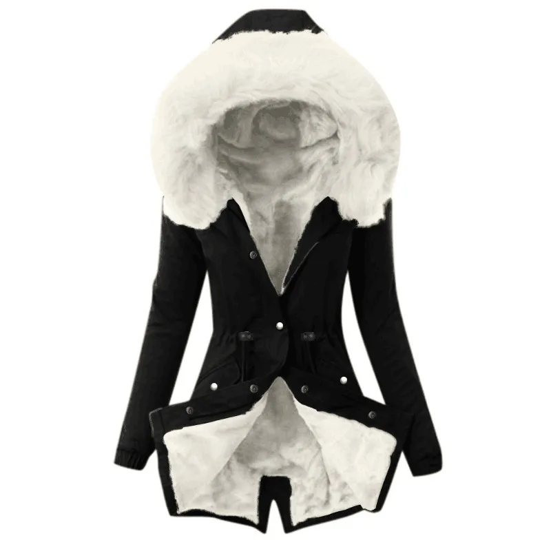2023 Winter New Women Fur Collar Loose Solid Color Leisure Warm Cotton-Padded Clothes Female Mid-Length Fashion Hooded Parkas
