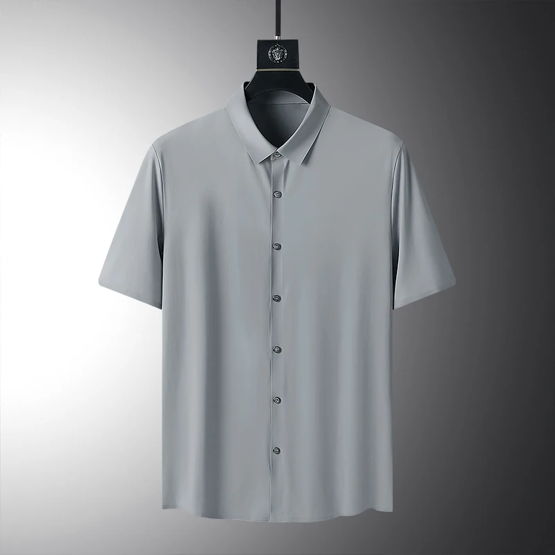 Large Size 8xl Summer Men's Solid Color Short Sleeved Shirt Oversize Loose Elasticity Casual Quick Dry Silk Shirts casual short sleeved shirt,short sleeved shirt