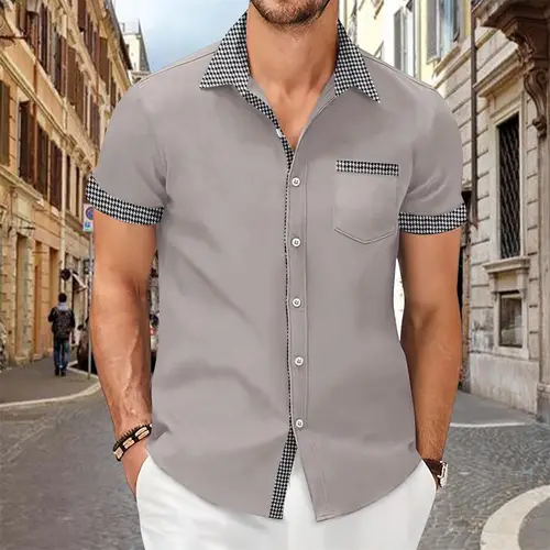 Patchwork Printed Shirt for Men, Solid Color, Comfortable and Soft Short Sleeve Top, Large Size, Summer New - Image 18