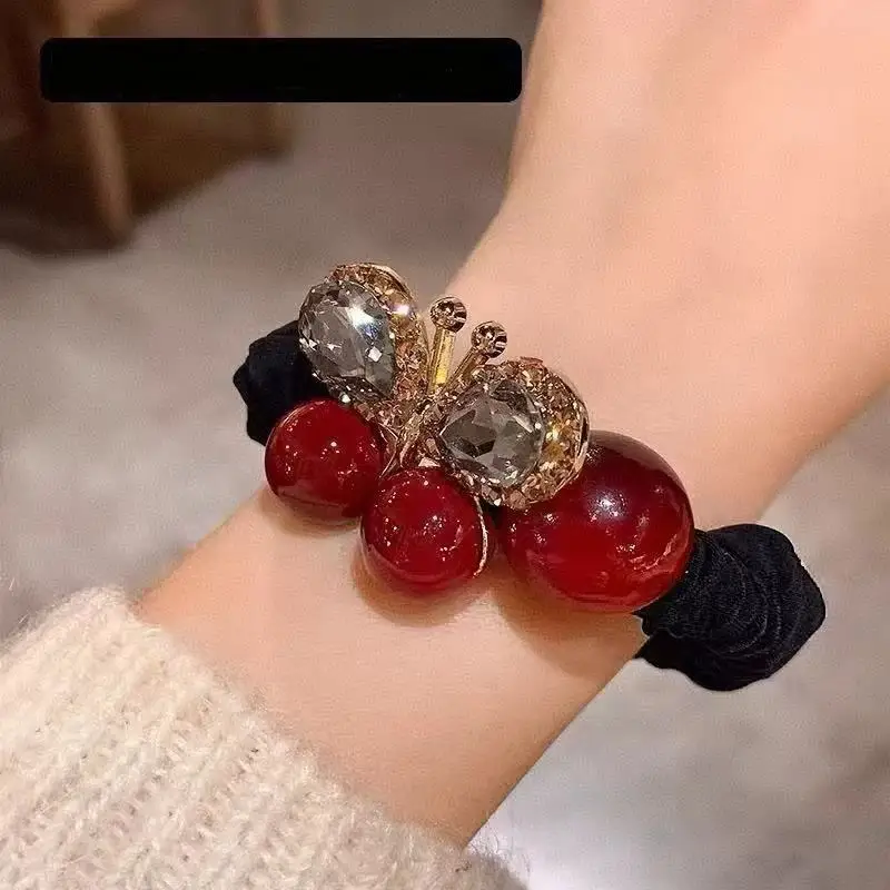 1PC Enkela Red Butterfly Pearl Hair Scrunchie,  Inspired Hair Tie For Women, Durable Elastic Hair Band For Ponytail Bun