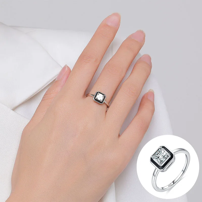 

100% 925 Sterling Silver Zircon Geometric Ring for Woman Girl Fashion Drop Glaze Square Design Jewelry Party Gift Dropshipping