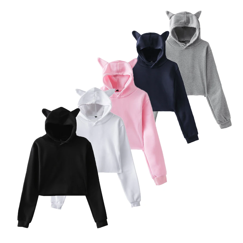 WomensCatEarsHoodedSweatshirtNavelBaringShortLongSleeves