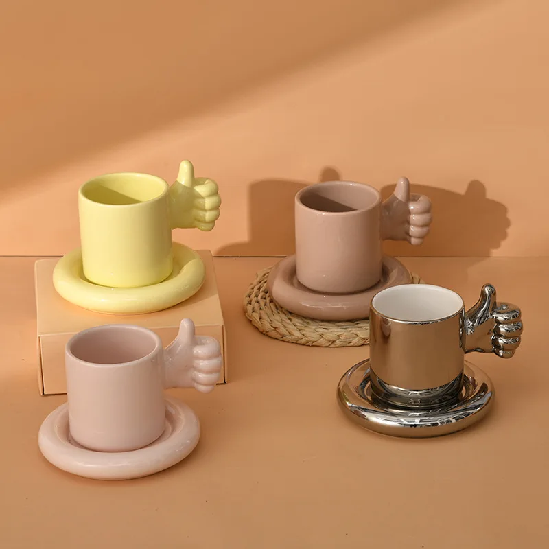 

300ml Ceramic Coffee Mug Cute Thumb Cup with Saucer for Office and Home Creative Cup with Comfortable Handle for Latte Tea Milk