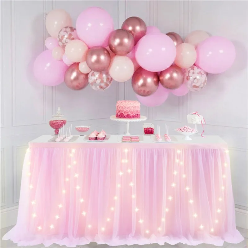 

4FT Tulle Table Skirt with LED Lights Table Cloth for Birthday Party Baby Shower Wedding Bar Home Table Christmas Decorations