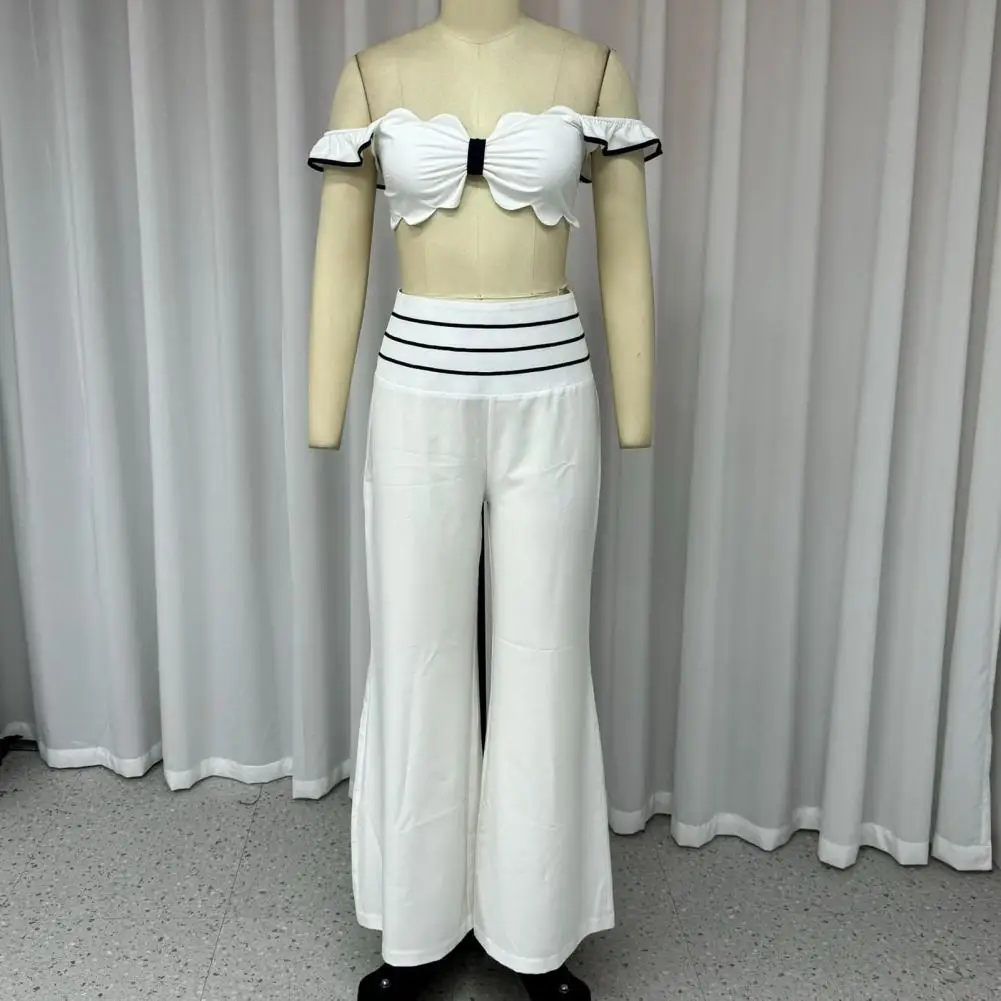 Sleeveless Crop Top Set Stylish Women's Crop Top Pants Set with Ruffle Detail High Waist Wide Leg Trousers Soft for Commuting