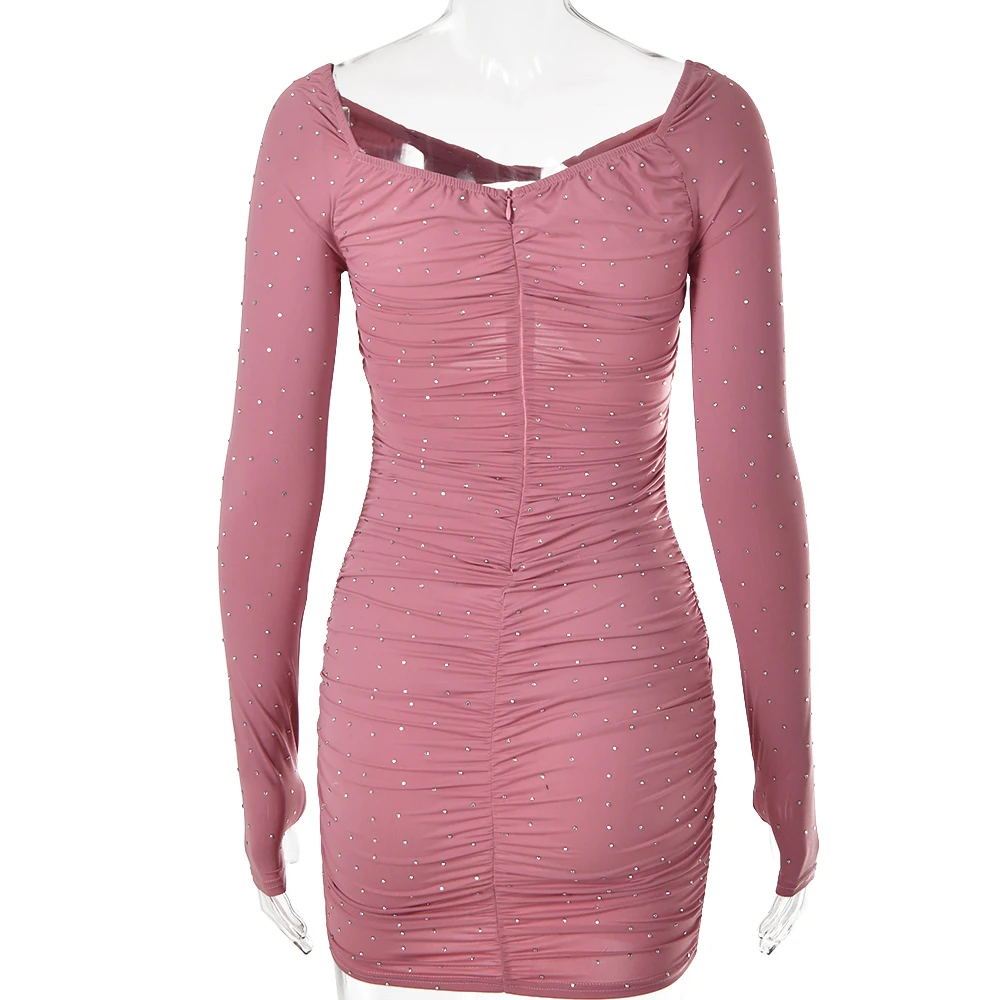 Ruched Cut Out Diamonds Long Sleeve Mini Dress Women Shirring Sweetheart-neck Slim Wrap Skirt Elegant Bodycon Partywear