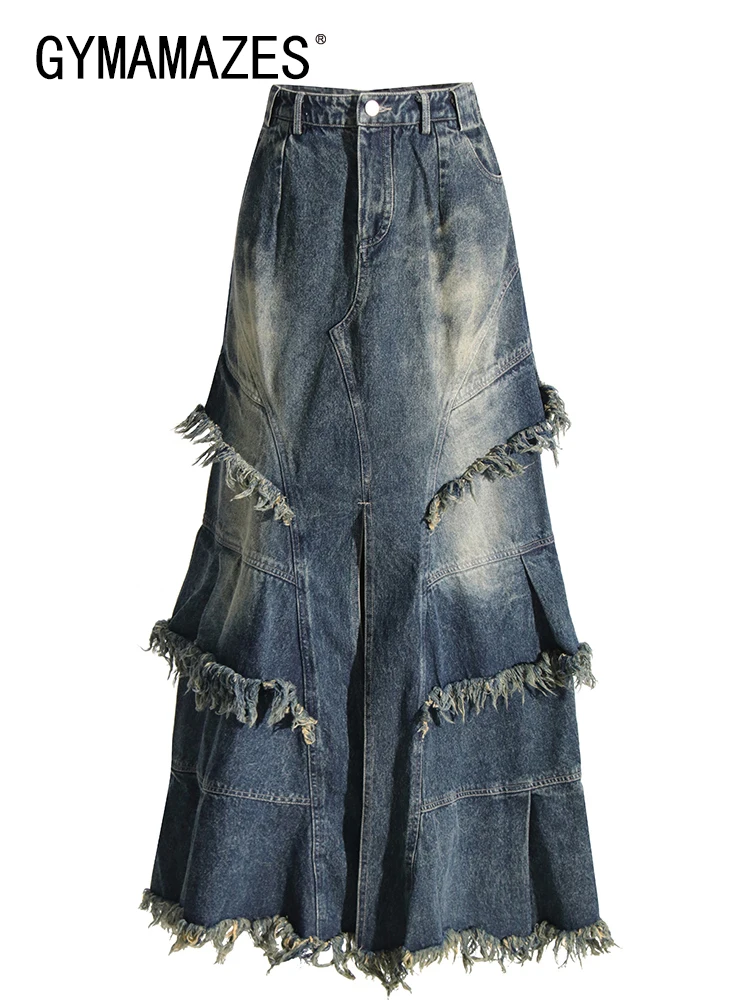 

GYMAMAZES Colorblock Patchwork Raw Hem Denim Skirt For Women High Waist Spliced Pocket Streetwear A Line Skirts Female Style