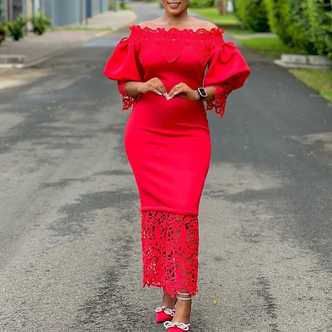 Elegant Dresses for Woman Off the Shoulder Lantern Sleeve Lace Patchwork Sheath Package Hips Ankle Length Luxury Birthday Dress