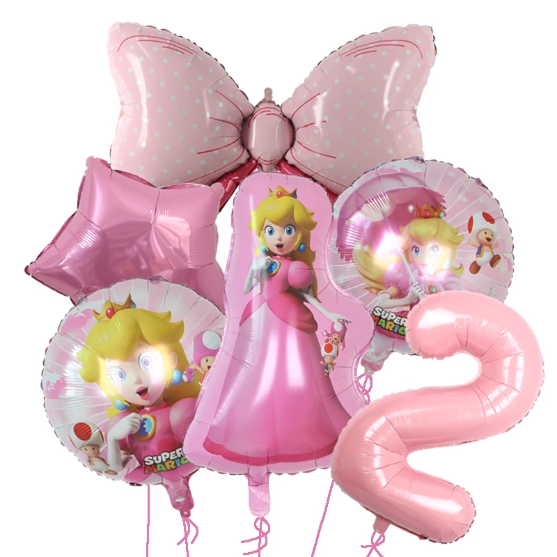 thumbnail image 1 of juego de globos de aluminio de princesa Peach rosa de 32 pulgadas con temática de princesa de dibujos animados para decoraciones de fiesta de cumpleaños de niña, 1 of 5
