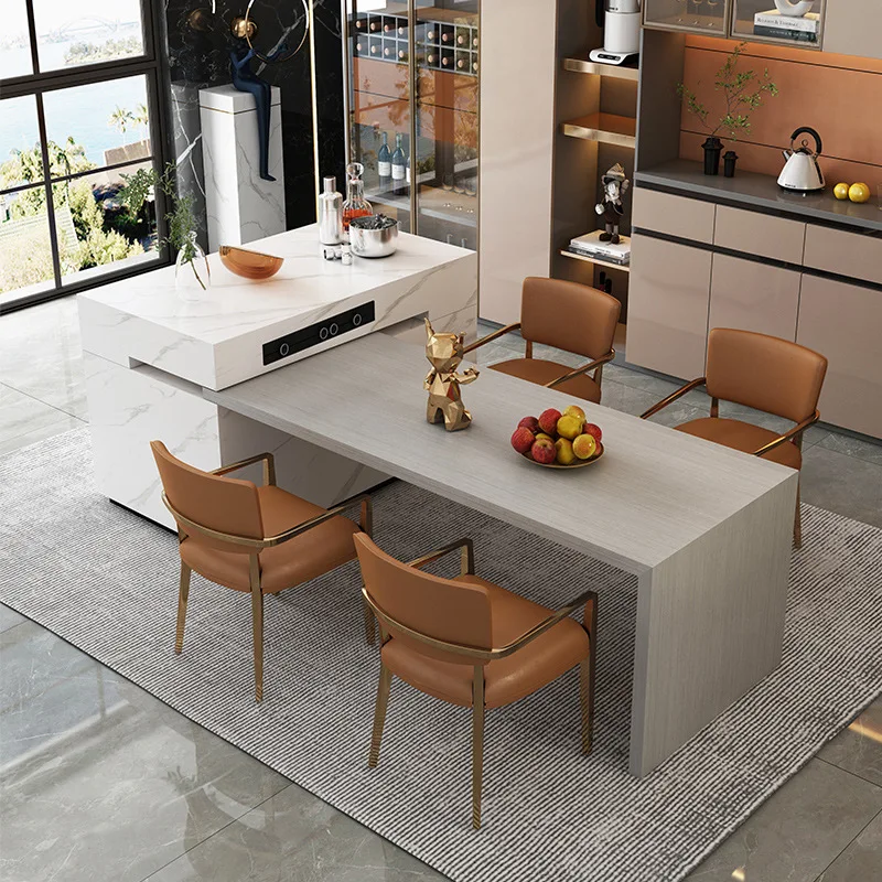 Kitchen Island Table, Dining Table, Retractable and Movable, Rotating Rock Plate Suitable for Bar Kitchens
