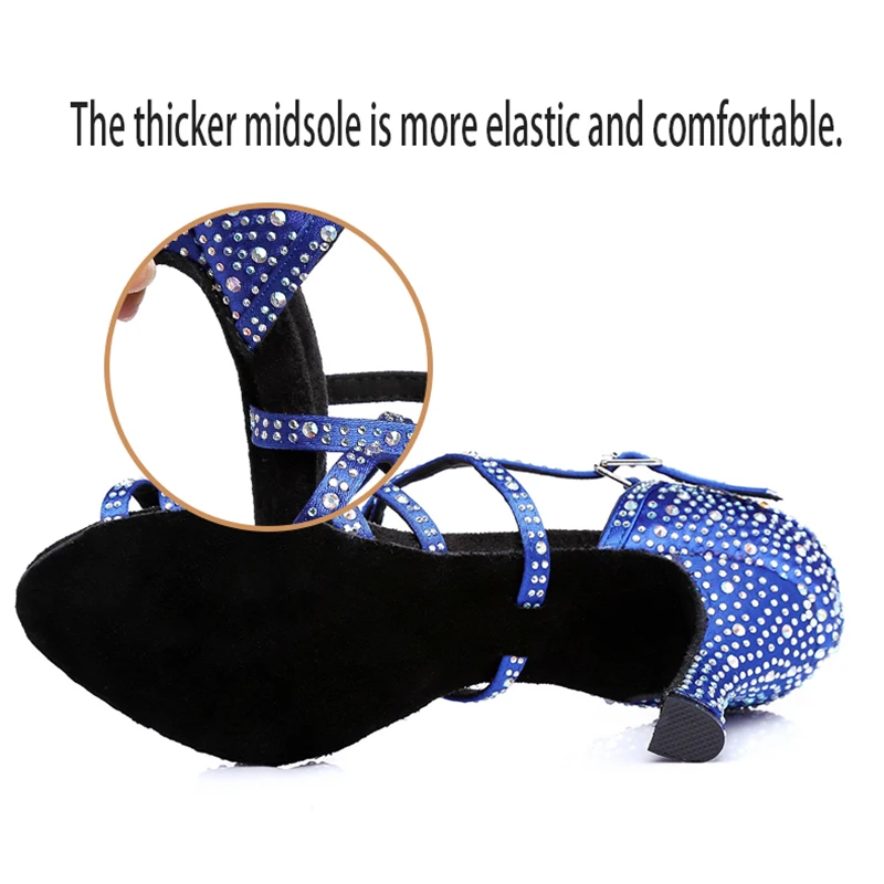 Woman Rhinestone Latin Dance Shoes for Women Blue Bachata Salsa Dancing Shoesfor Party Girls Soft Botoom Pratice Latino Shoes