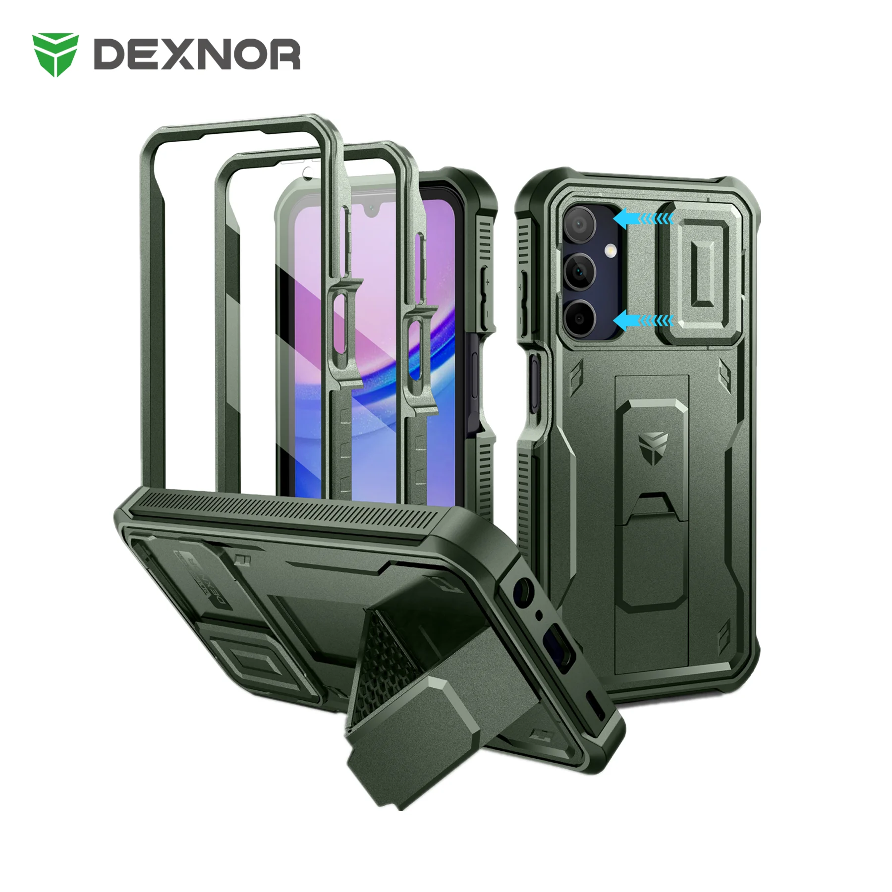 Dexnor 삼성 갤럭시 A15 케이스, 카메라 커버 및 내장 스크린 보호대 킥스탠드 포함, 견고한 전신 커버, 6.5 인치