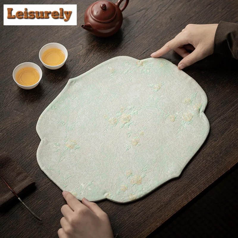 Vine Grass Green Xiangyun Silk Tea Table Mats Creative Zen Tea Table Cloth Drink Coaster Dinner Table Cloth Mat Drinkware Craft