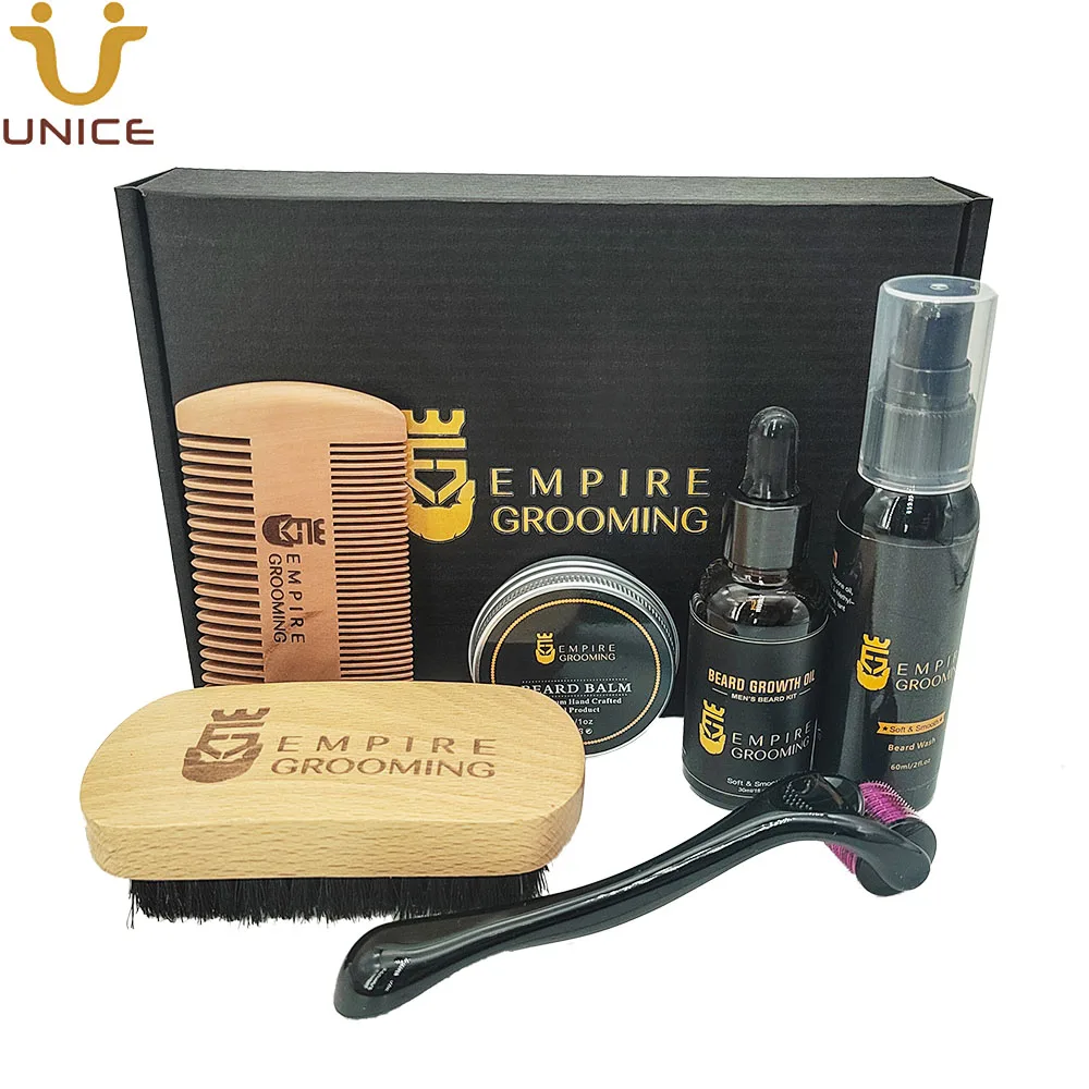 MOQ 100 Custom LOGO OEM Men Facial Hair Beard Kits with Brush Wood Comb Oil Balm Wash Derma Roller in Retail Box pink heart shaped compressed face wash puff made of wood pulp cotton that becomes larger when exposed to water skin care tool